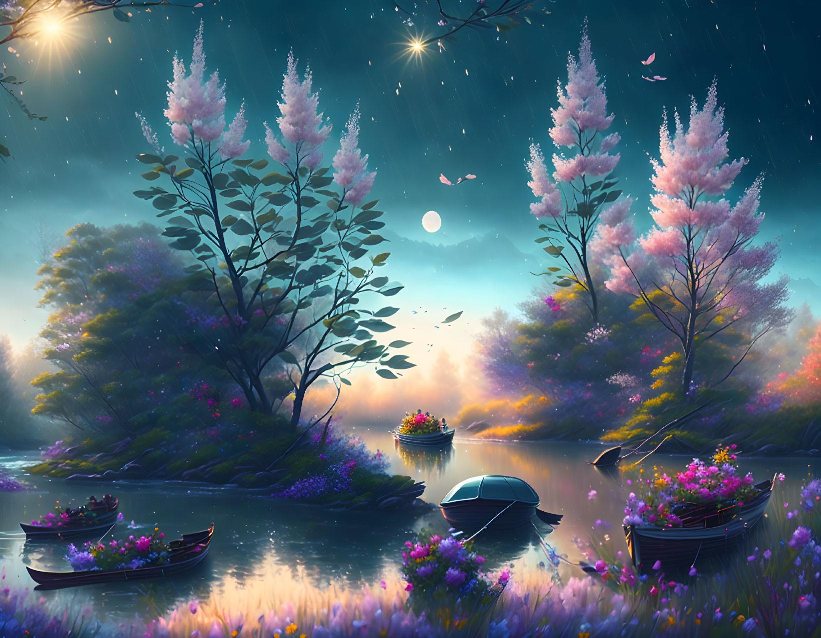 Tranquil riverscape at dusk with pink blossoming trees, fireflies, flower-adorned