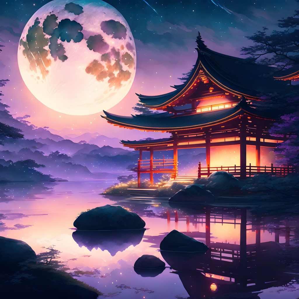 Traditional Asian Temple by Reflective Lake Under Large Moon in Purple and Pink Twilight Sky