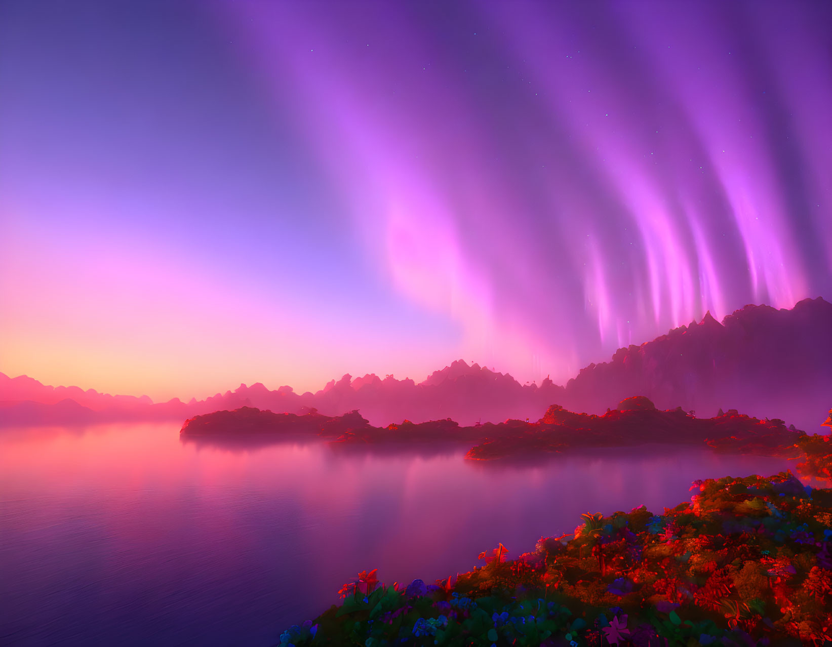 Tranquil landscape with vibrant aurora, lake, flowers, mountains