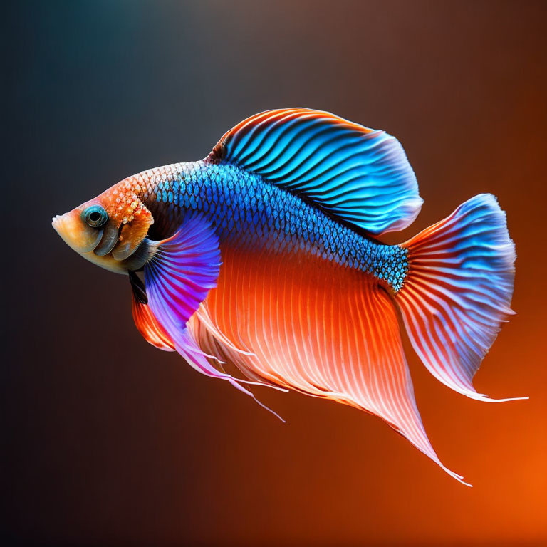 Colorful Betta Fish Swimming in Orange and Brown Background