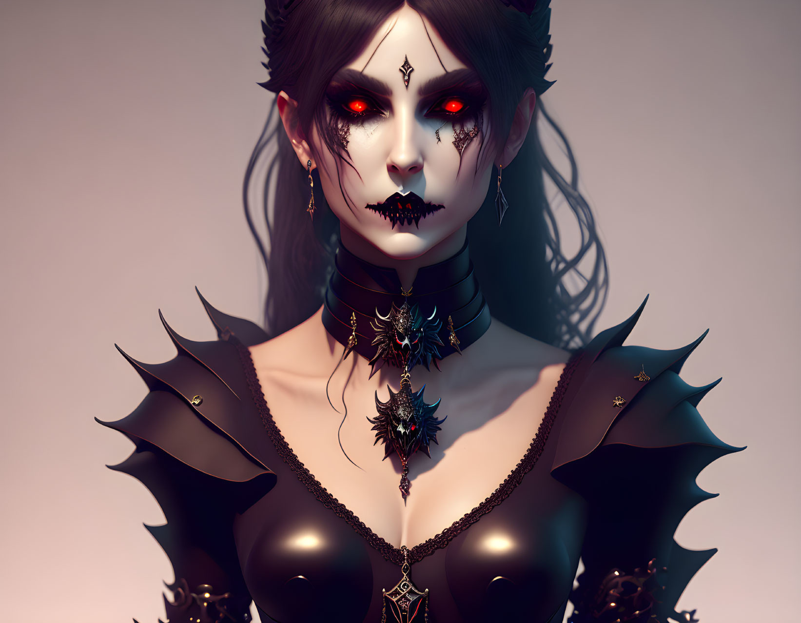 Gothic fantasy character with red eyes and spiked shoulder attire