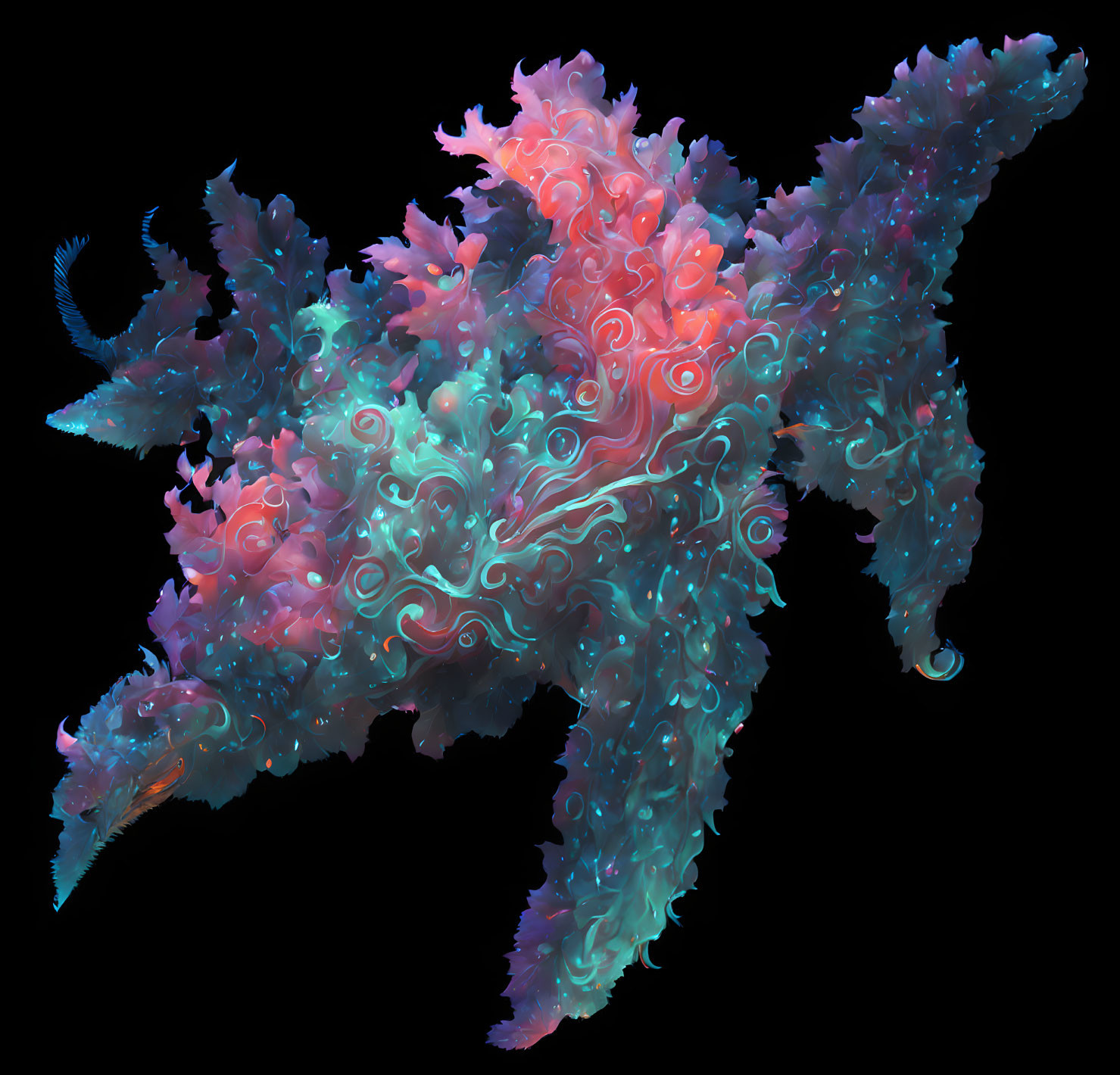 Multicolored swirling fractal design resembling a sea creature in cool to warm hues