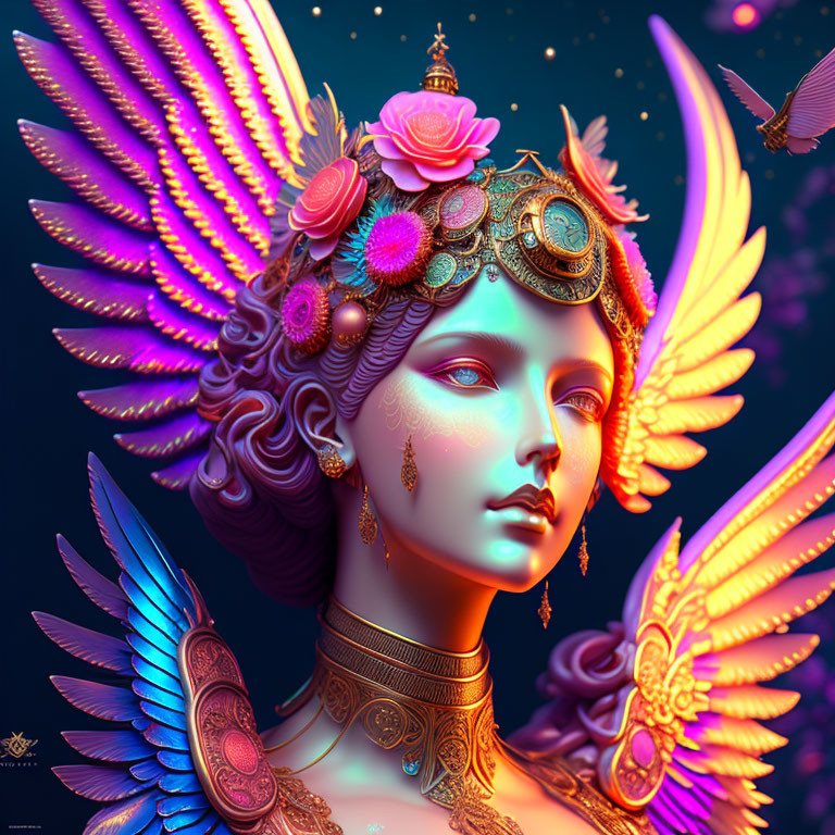 Colorful 3D illustration of female figure with wings, headdress, and armor on blue background