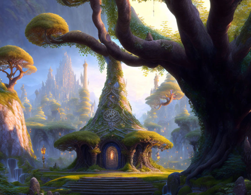 Fantasy landscape with magical tree, woods, and castle