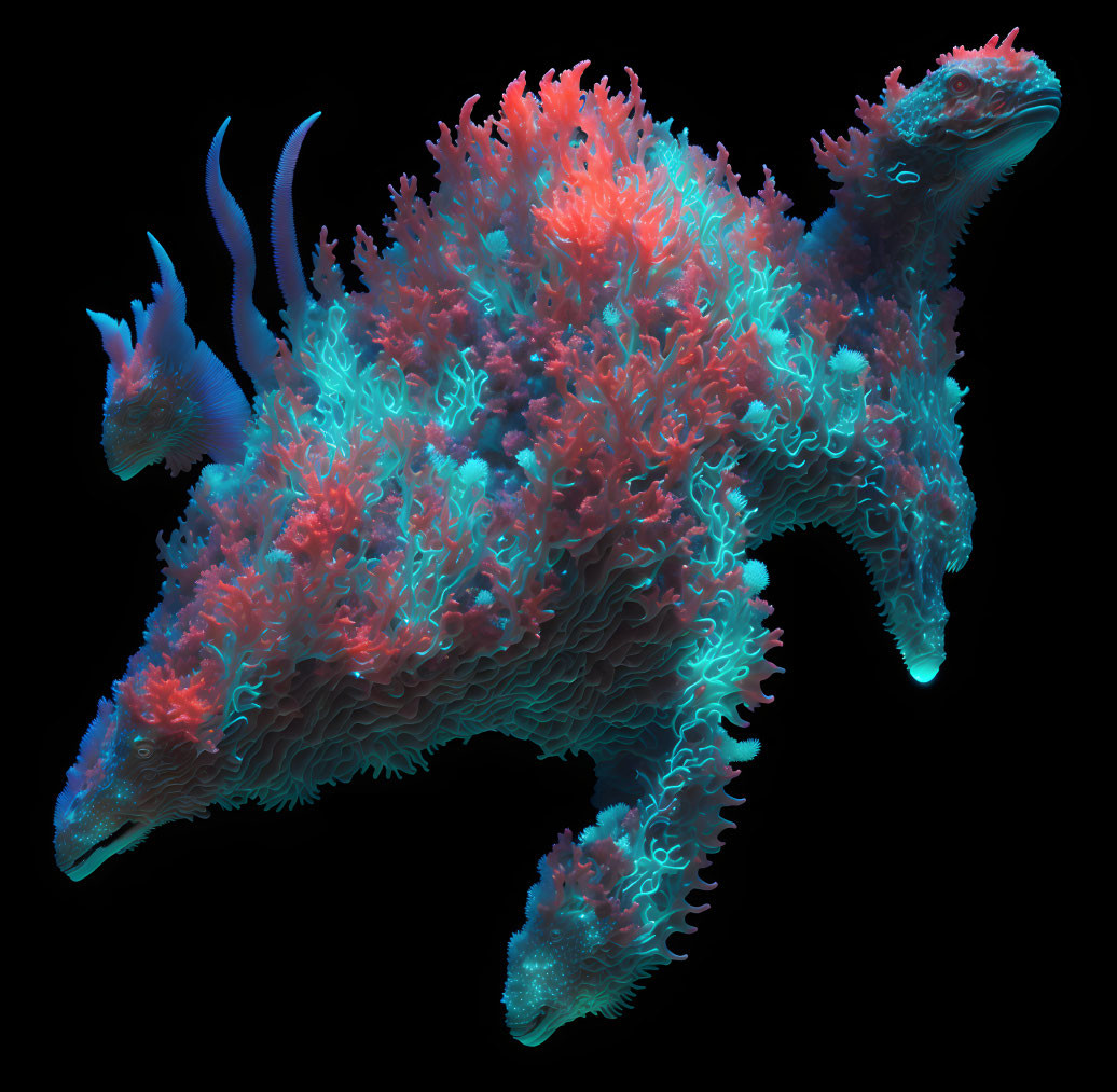 Colorful Dinosaur Covered in Coral-Like Textures on Black Background