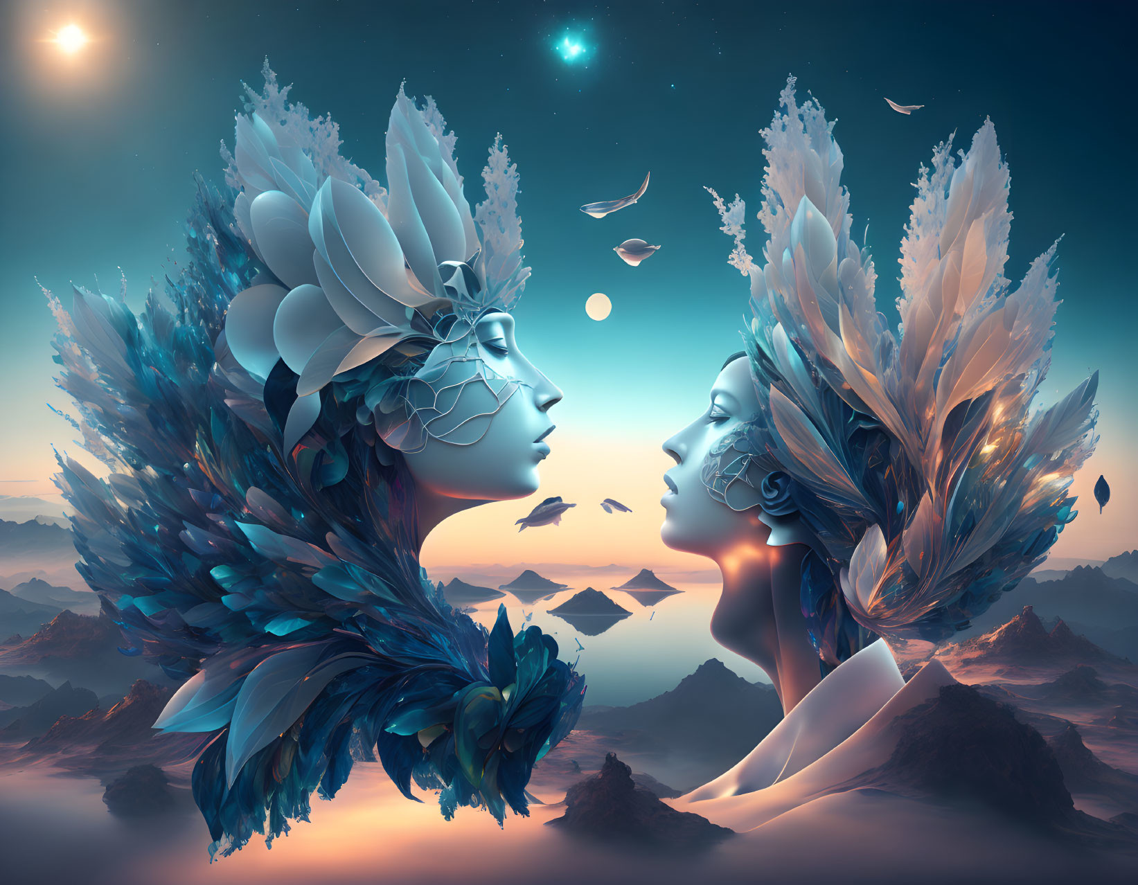 Ethereal figures with floral and feathered motifs in mystical twilight landscape