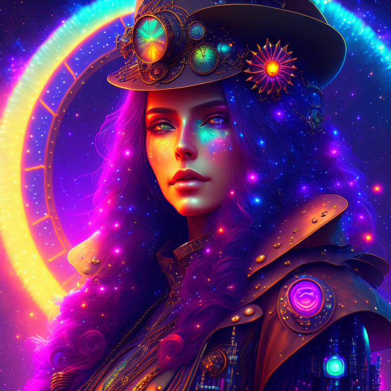 Vibrant purple hair woman in steampunk attire against cosmic backdrop