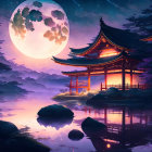 Traditional Asian Pagoda by Serene Lake Under Moonlit Sky with Bird Silhouette