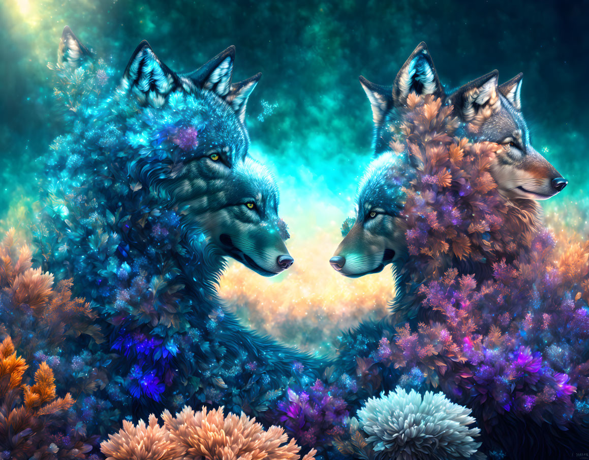 Intricately Detailed Floral Wolves on Colorful Background