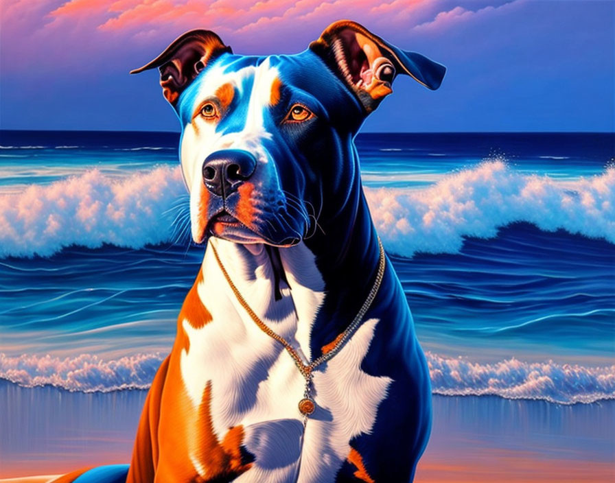 Colorful illustration of brindled dog with necklace, ocean waves, sunset sky