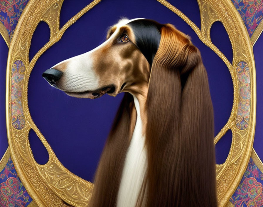 Regal Saluki Dog Portrait in Ornate Golden Oval Frame