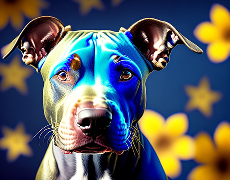 Colorful dog illustration with prominent ears on blue background with yellow flowers