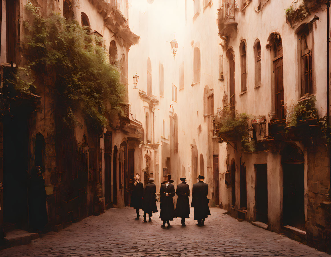 Individuals walking on cobblestone street in warm, foggy light