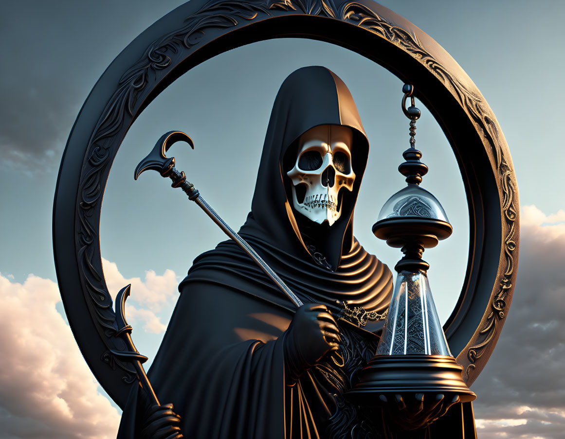 Skull-faced cloaked figure with scythe and hourglass in ornate circular frame