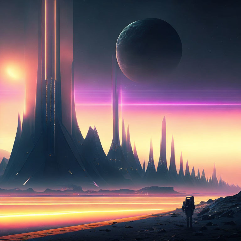 Futuristic landscape with towering spires and vibrant sunset hues