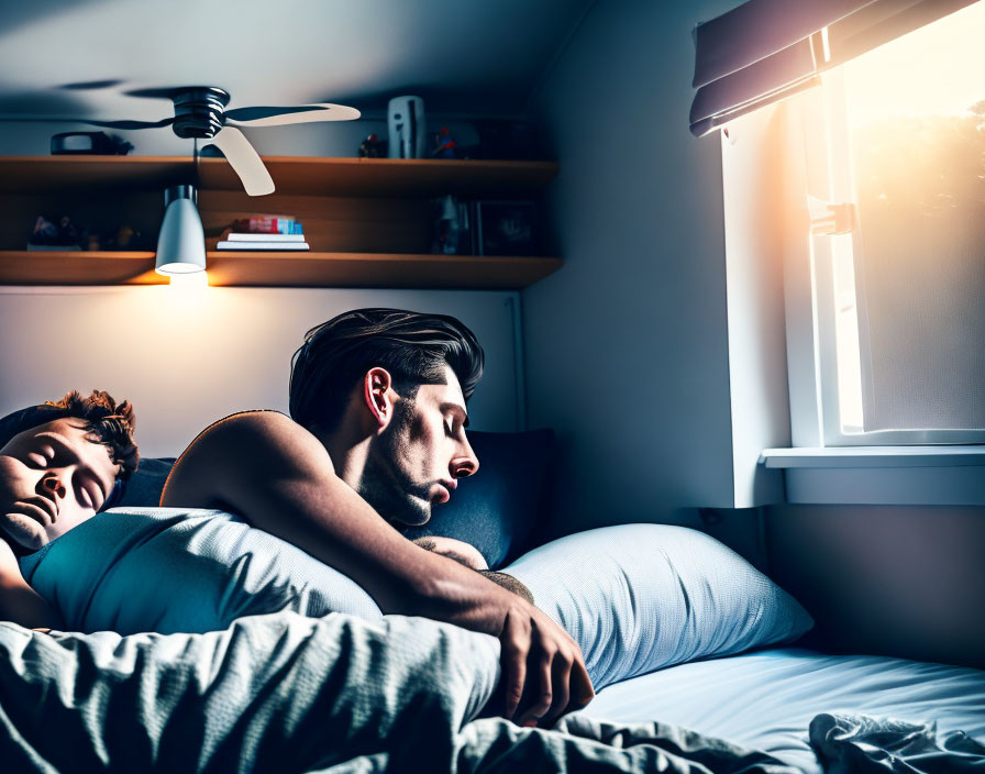 Two individuals sleeping in dimly lit room with ceiling fan and sunlight.