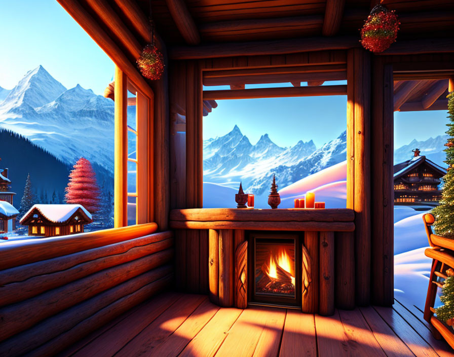 Rustic cabin interior with fireplace, snowy mountain view, and Christmas decor