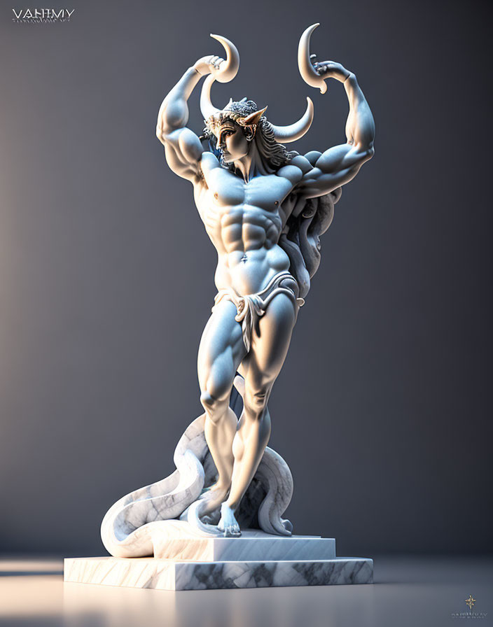 Muscular marble statue with serpent, crescent object, and horned helmet