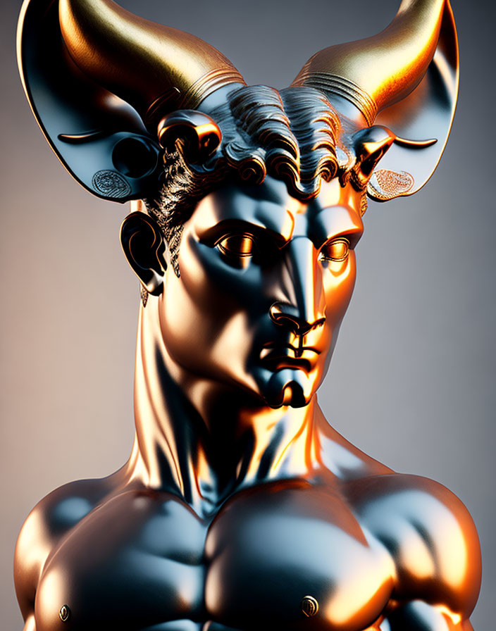 Metallic bull-headed figure on gradient background