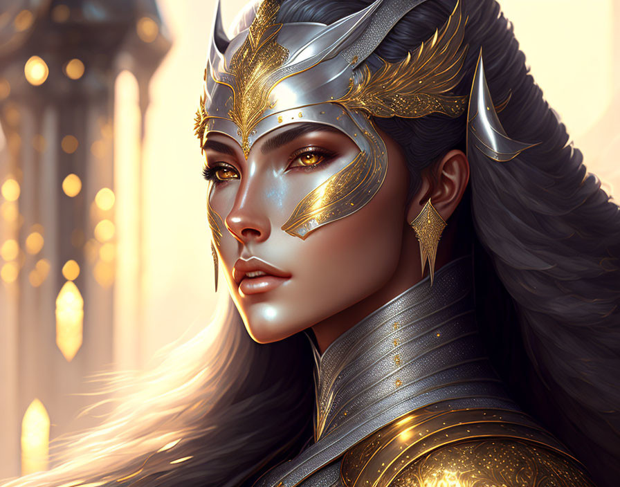 Detailed Illustration of Woman in Fantasy Armor Helmet with Golden Facial Markings, Ornate Hairstyle,