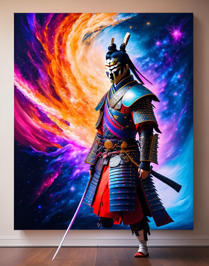 Colorful Samurai in Armor Amid Cosmic Background