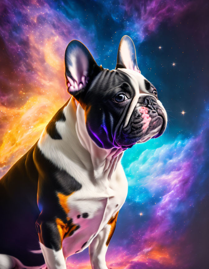 French Bulldog in front of vibrant cosmic background with swirling nebulas and stars.