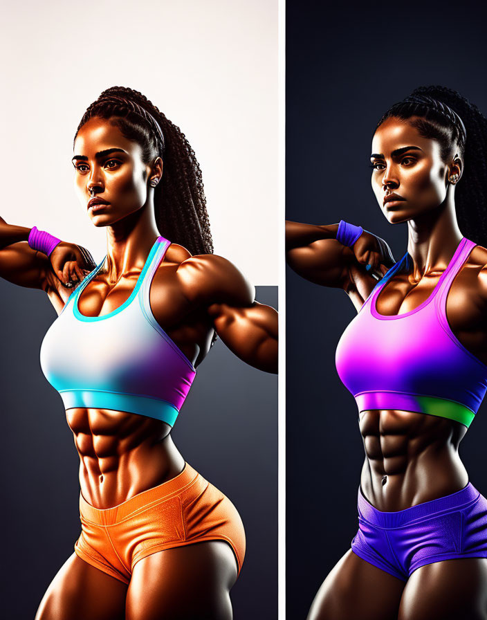 Muscular woman with braided hair in sporty attire under warm and cool lighting.