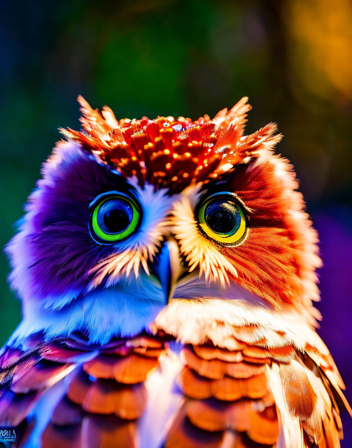 Colorful Stylized Owl Figurine with Green Eyes and Red Beak