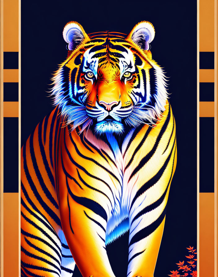 Colorful Tiger Artwork with Bold Patterns on Striped Background