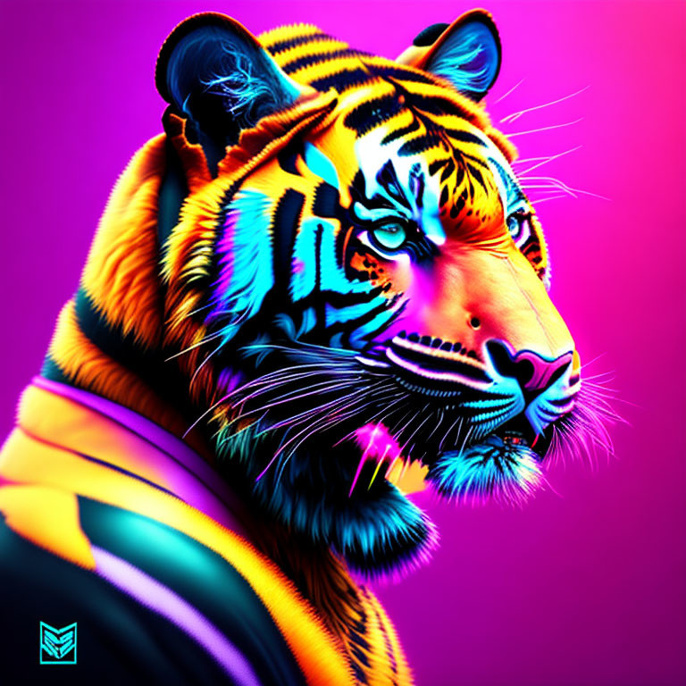 Colorful Tiger Head Digital Artwork on Purple Background