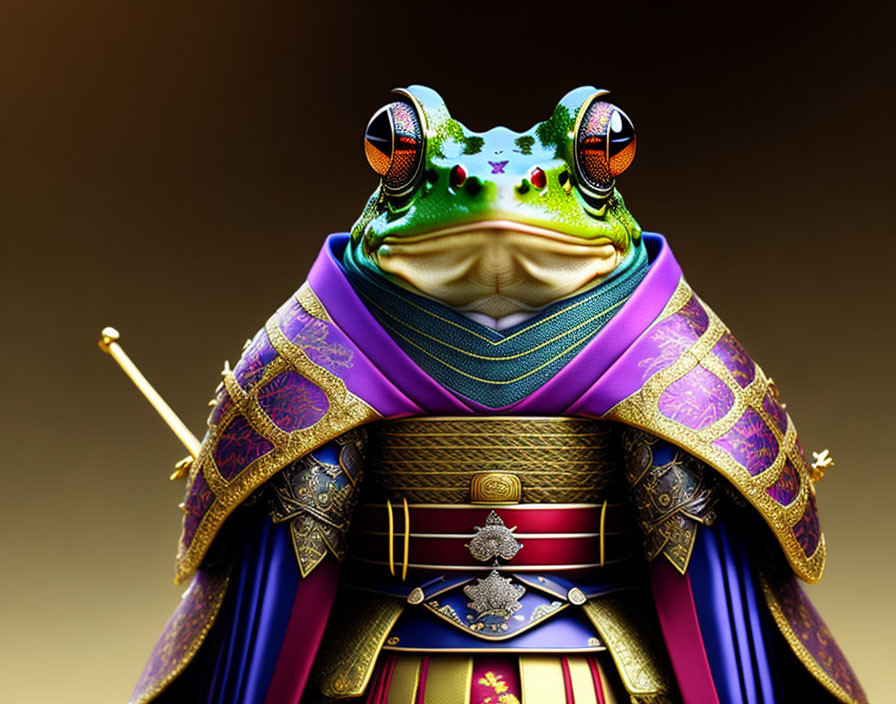 Detailed illustration of frog in Japanese samurai armor with intricate patterns and vivid colors