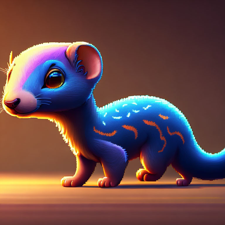 Colorful illustration: Blue weasel with glowing orange patterns on soft-lit background