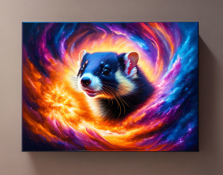 Colorful digital artwork: Ferret head in swirling galaxy on wall