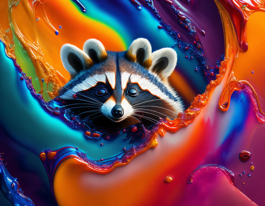 Colorful Swirling Paint with Raccoon Face in Blue, Orange, Yellow, Purple