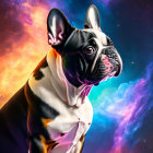 French Bulldog in front of vibrant cosmic background with swirling nebulas and stars.