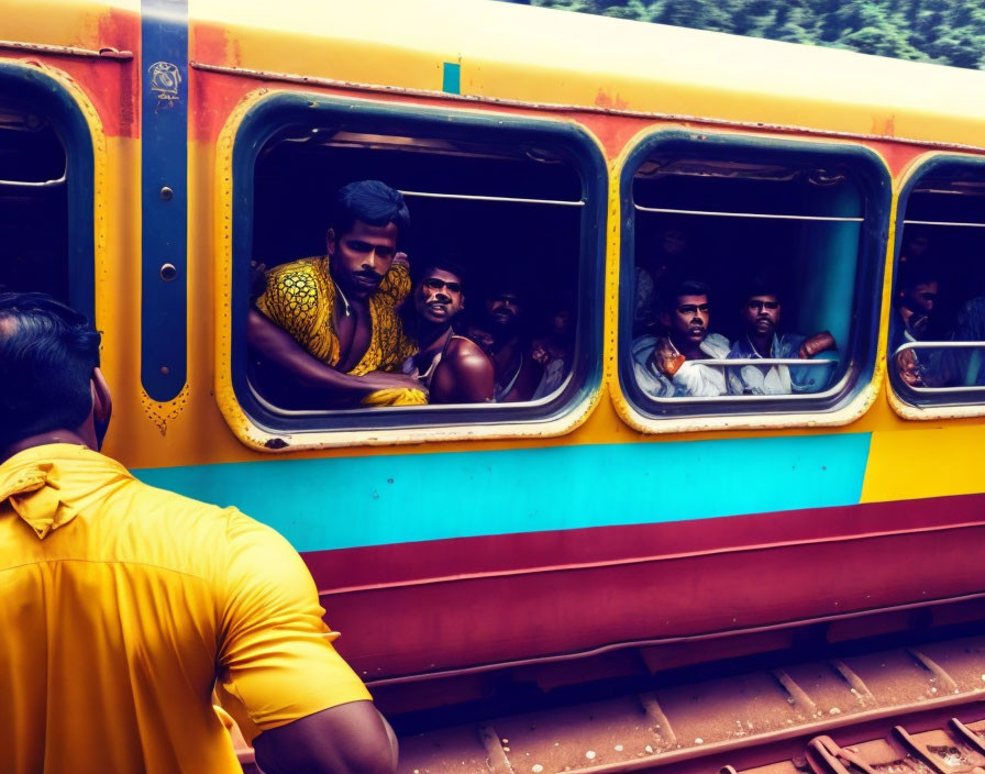 Colorful Train Carriage with Passengers Looking Through Open Windows