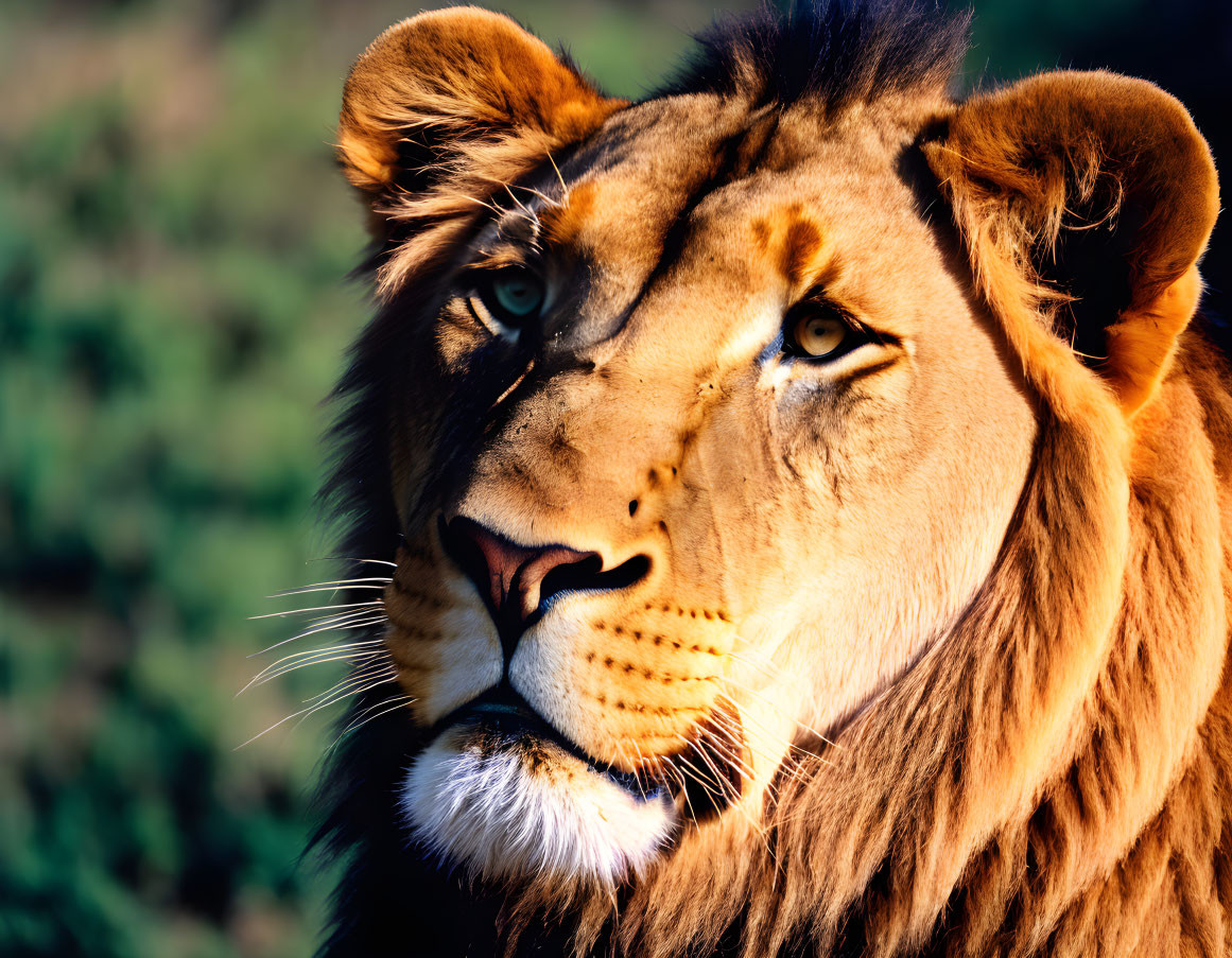 Detailed close-up of a lion's face and mane on green background