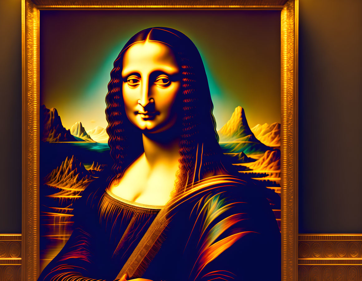 Colorful Stylized Mona Lisa in Metallic Sheen and Golden Frame