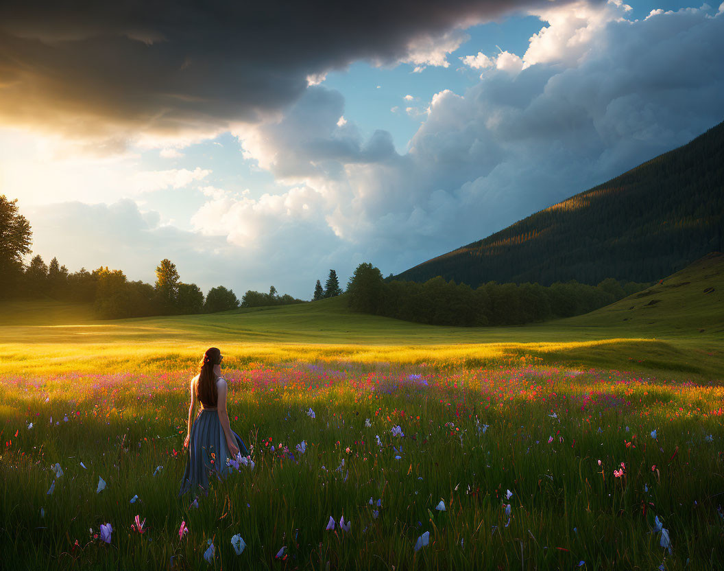 Woman in blooming meadow under sunny mountain sky