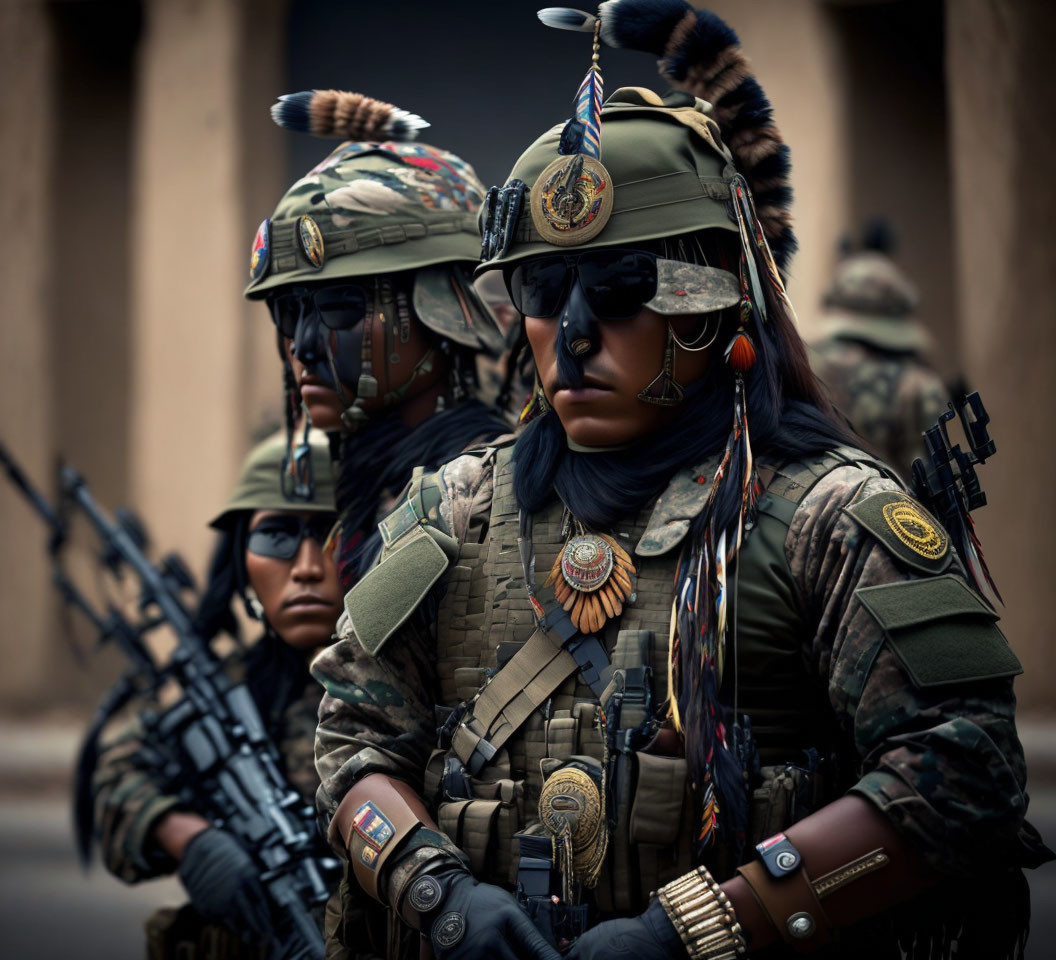 Military soldiers in ceremonial uniform with rifles, feathers, medals, and camouflage face paint.