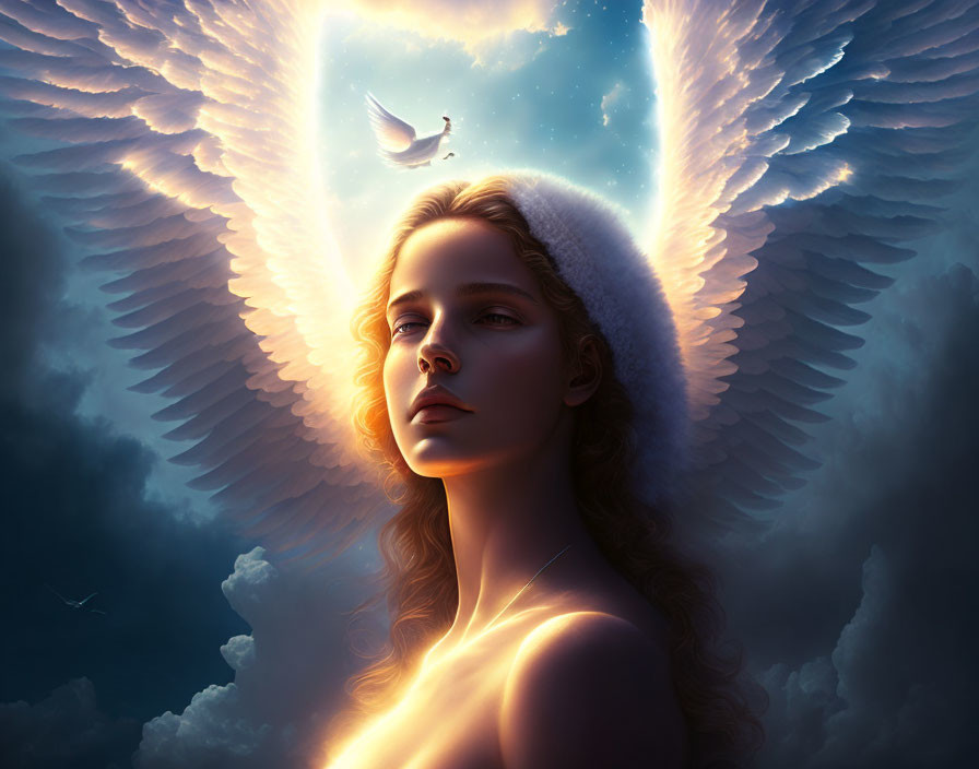 Angel wings woman in celestial glow with birds and halo aura