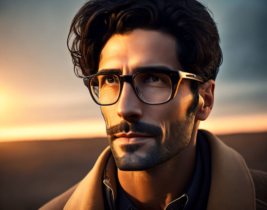 Bearded man in glasses gazes at sunset in contemplation