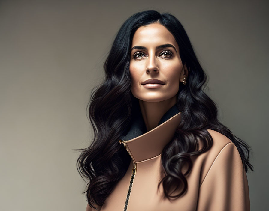 Serene woman with long dark hair in high-necked beige garment