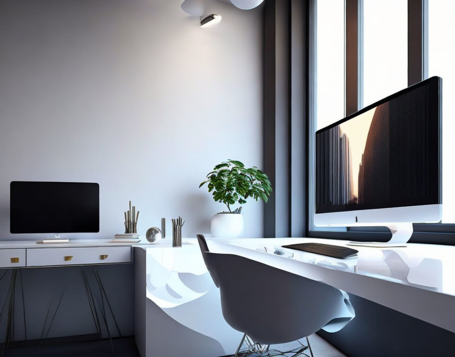 Sleek white desk with dual monitors, potted plant, stationery holders, and comfy chair