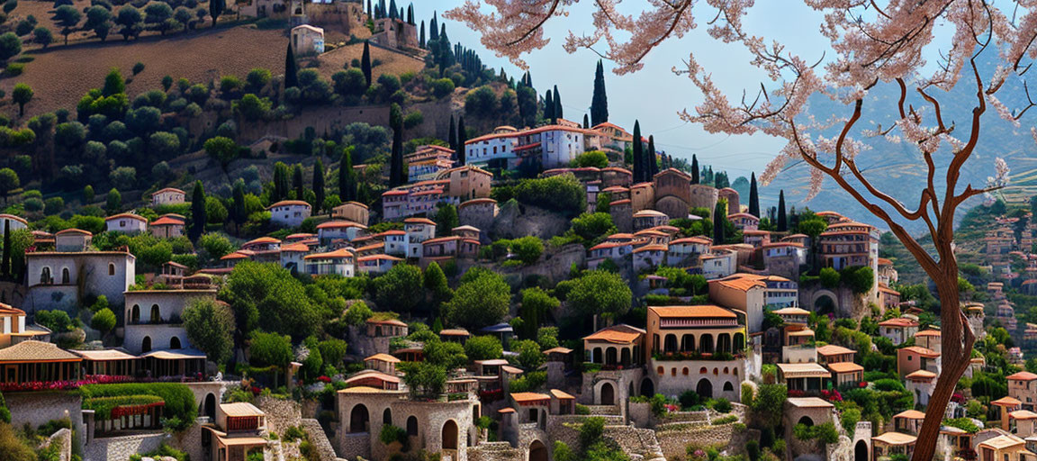 Scenic hillside village with terracotta-roofed houses