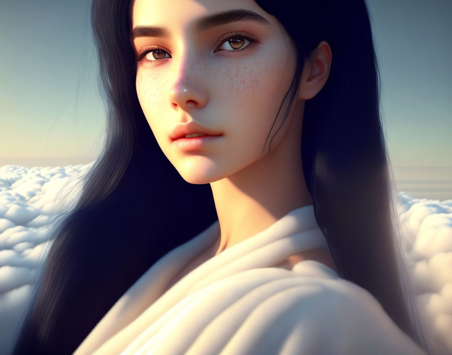 Digital artwork: Woman with dark hair and freckles against cloudy sky