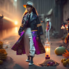 Fashionable individual in long coat in dimly lit alley with lanterns and second person.