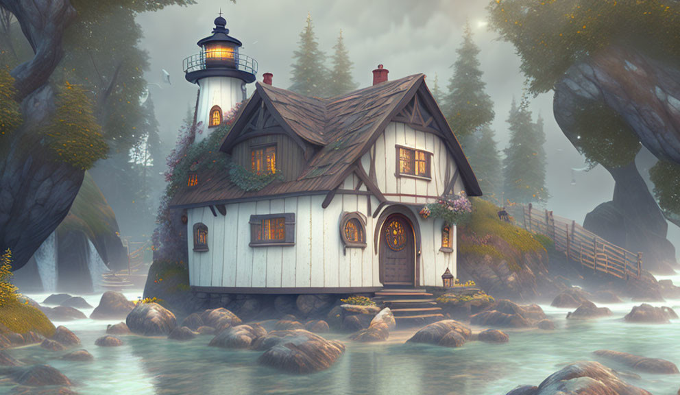 Lighthouse cottage on small island in misty forest