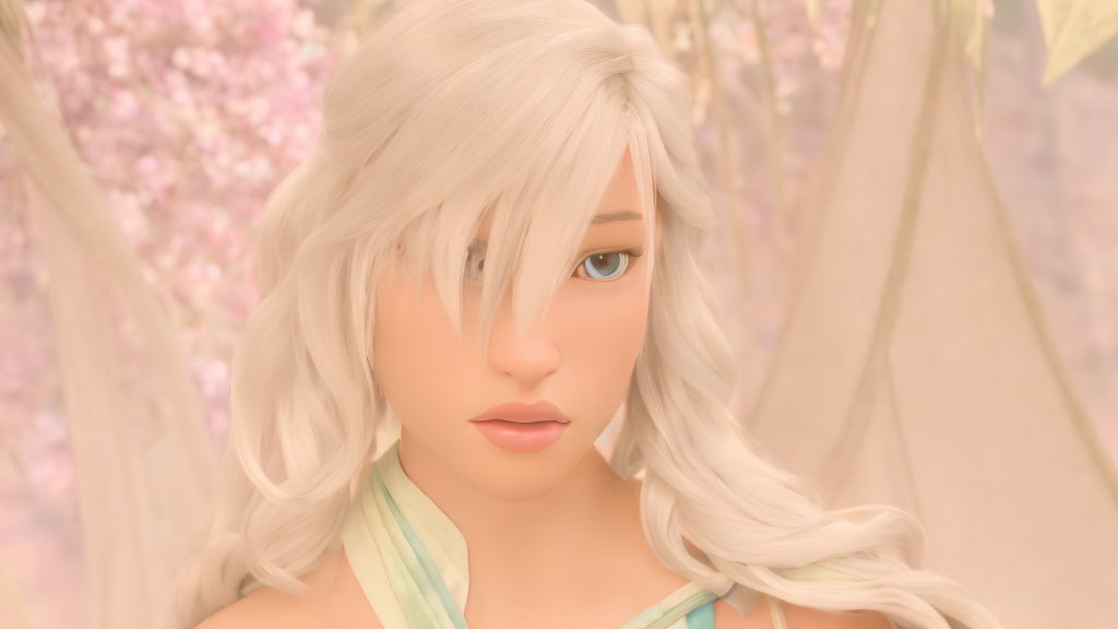 Digital artwork featuring woman with white hair and blue eyes in pink-hued natural setting