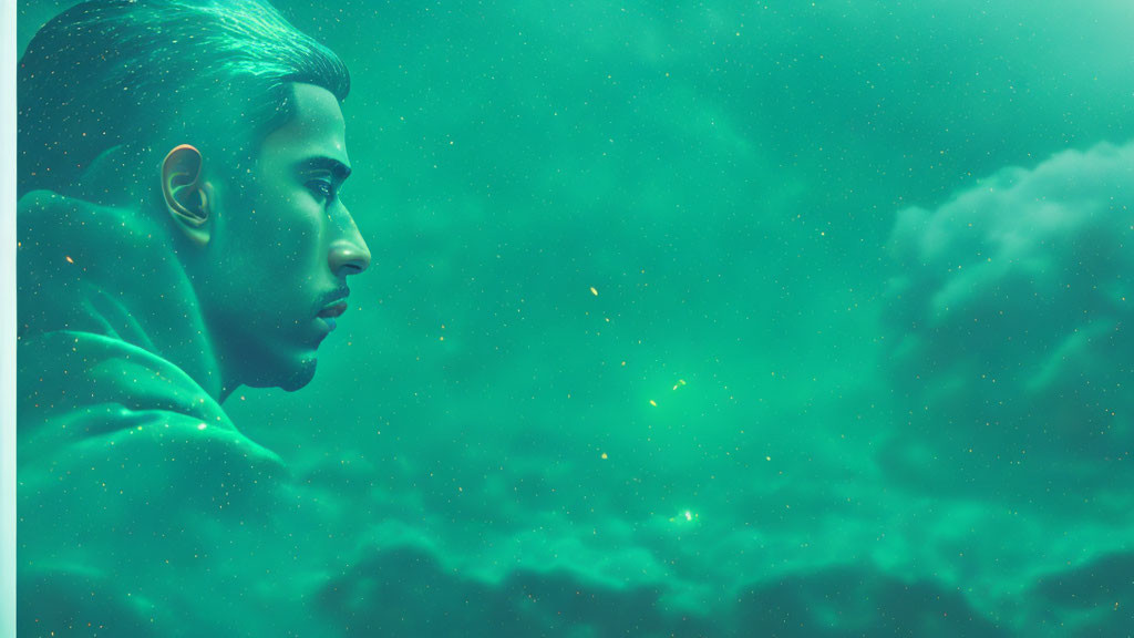 Profile View of Man in Surreal Teal Underwater Scene